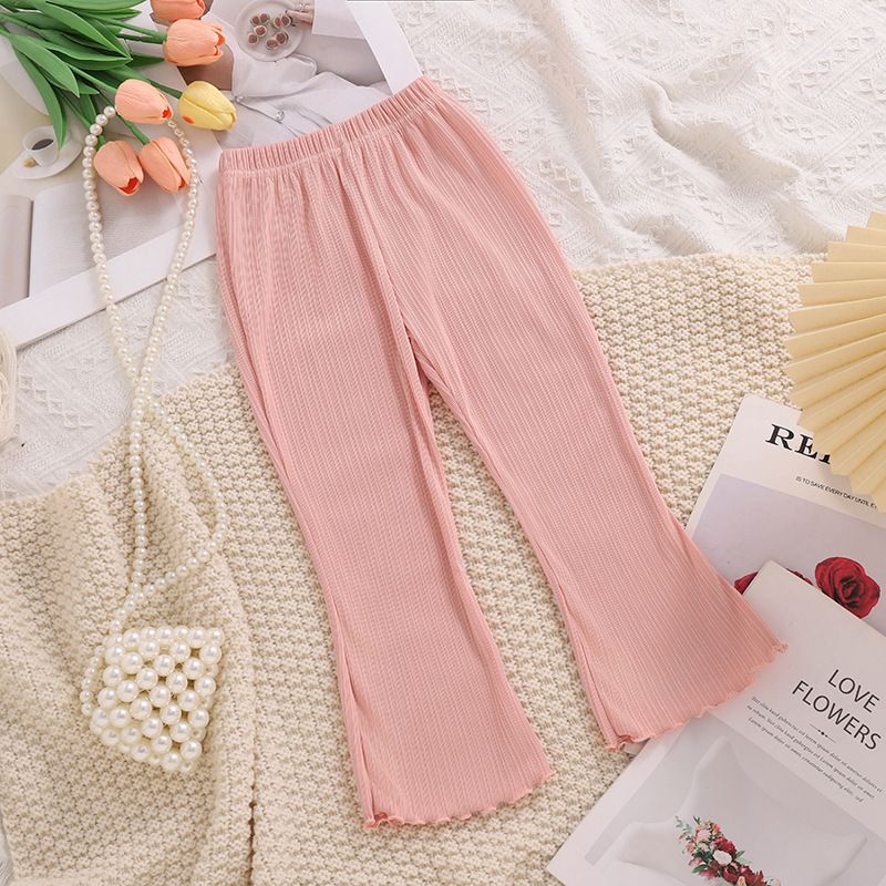 Girls' Spring Ribbed Flared Pants - Lightweight Elastic Waist Trousers with Lettuce Hem, Available in Multiple Colors