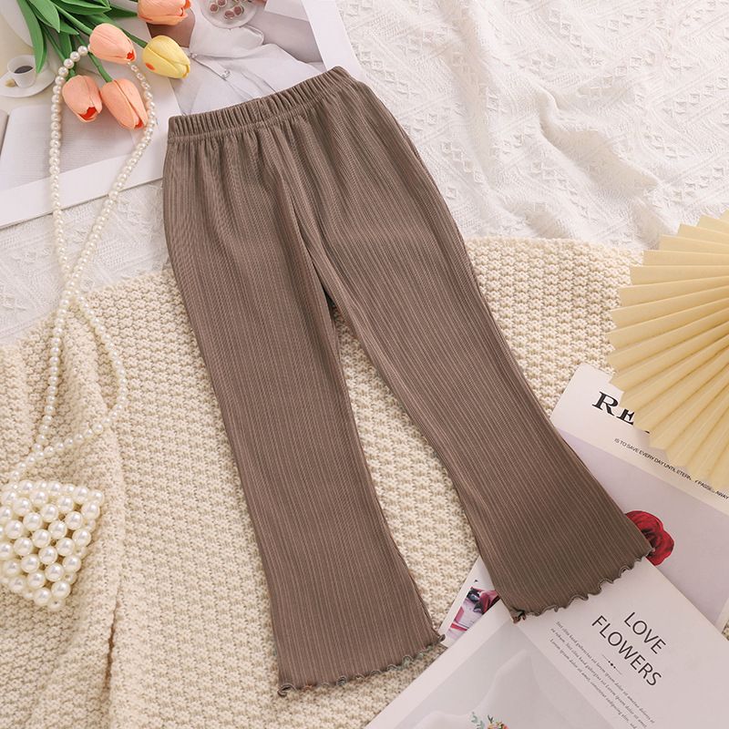 Girls' Spring Ribbed Flared Pants - Lightweight Elastic Waist Trousers with Lettuce Hem, Available in Multiple Colors