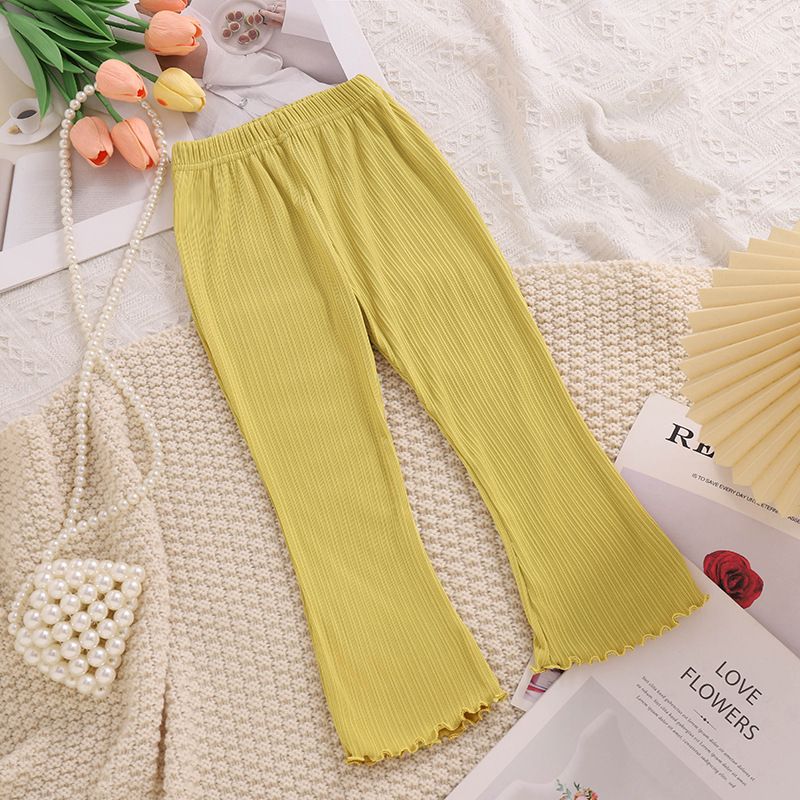 Girls' Spring Ribbed Flared Pants - Lightweight Elastic Waist Trousers with Lettuce Hem, Available in Multiple Colors