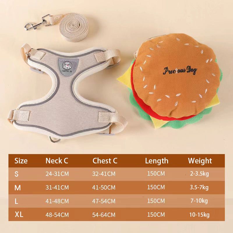 Pet Harness Set with Leash Adjustable Dog Chest Strap Cute Hamburger Backpack Design for Small and Medium Dogs