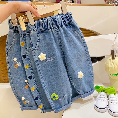 Girls' Adorable Embroidered Denim Pants and Shorts Set - Elastic Waist, Floral & Pom-Pom Details - Spring/Summer Casual Outfit