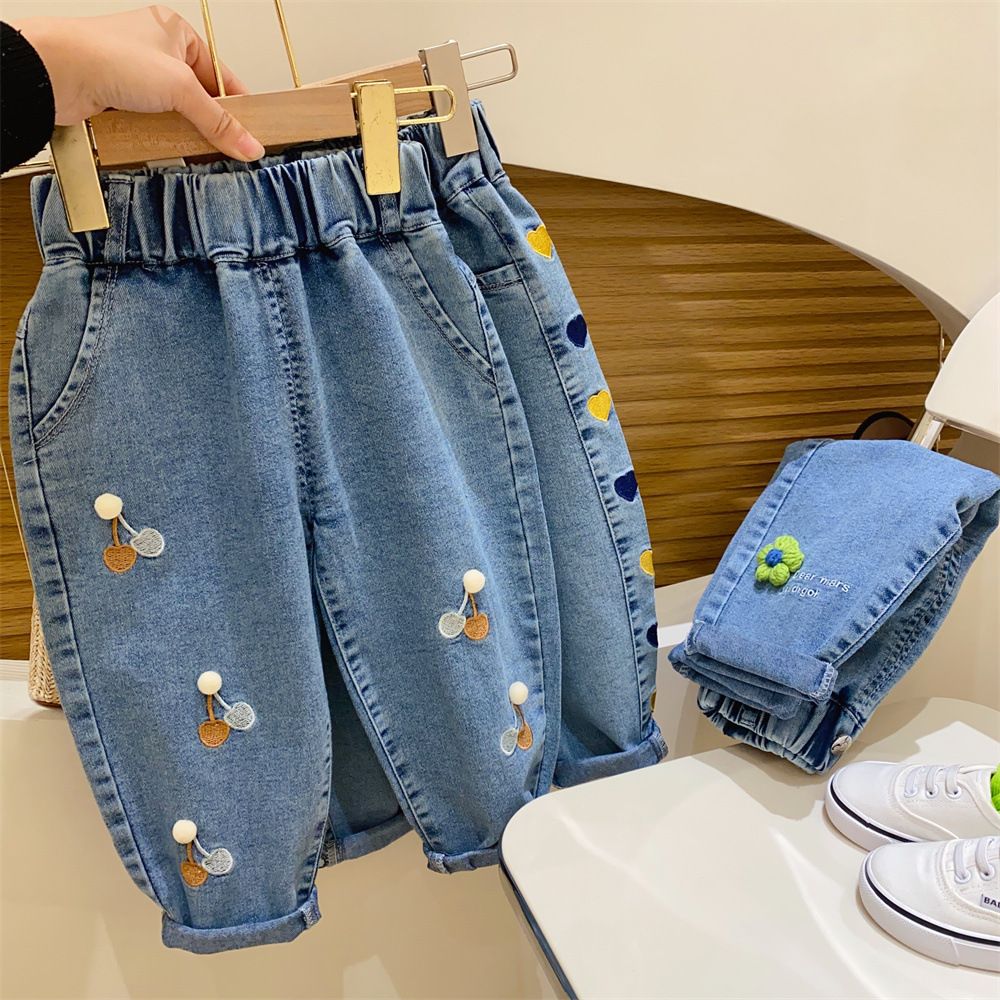 Girls' Adorable Embroidered Denim Pants and Shorts Set - Elastic Waist, Floral & Pom-Pom Details - Spring/Summer Casual Outfit