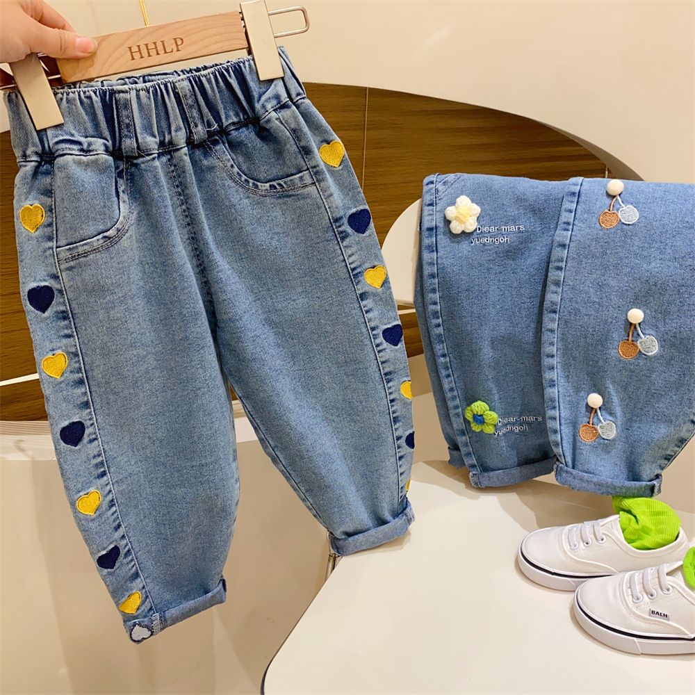 Girls' Adorable Embroidered Denim Pants and Shorts Set - Elastic Waist, Floral & Pom-Pom Details - Spring/Summer Casual Outfit