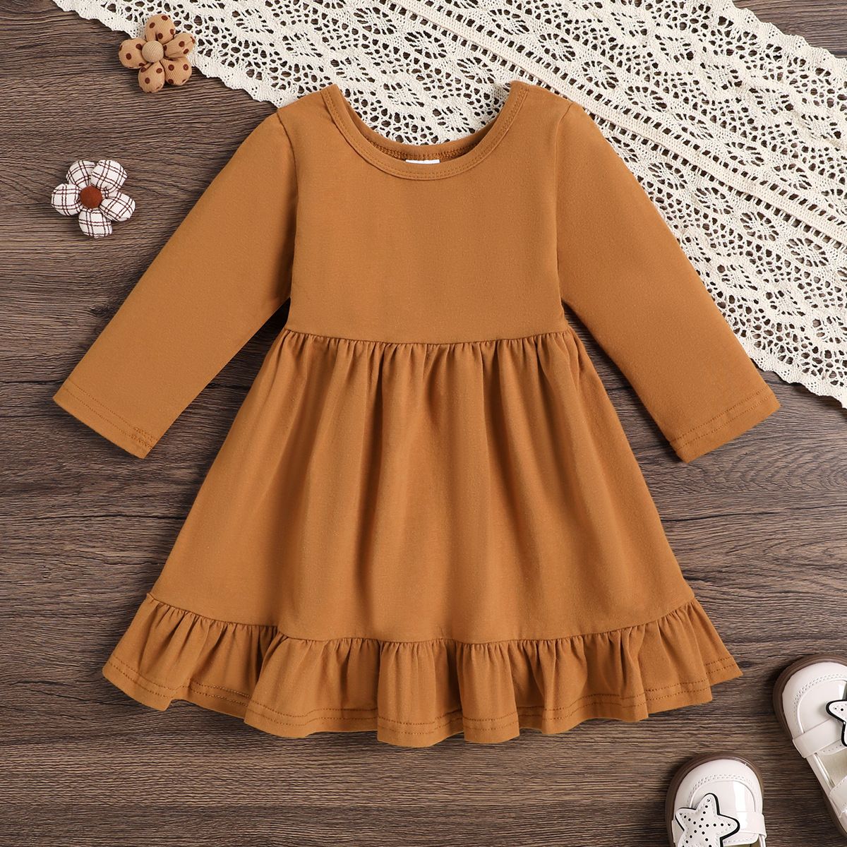 Girls' Long-Sleeve Ruffle Dresses - Soft Cotton Casual Dresses for Toddlers & Kids - Fall/Winter Wear