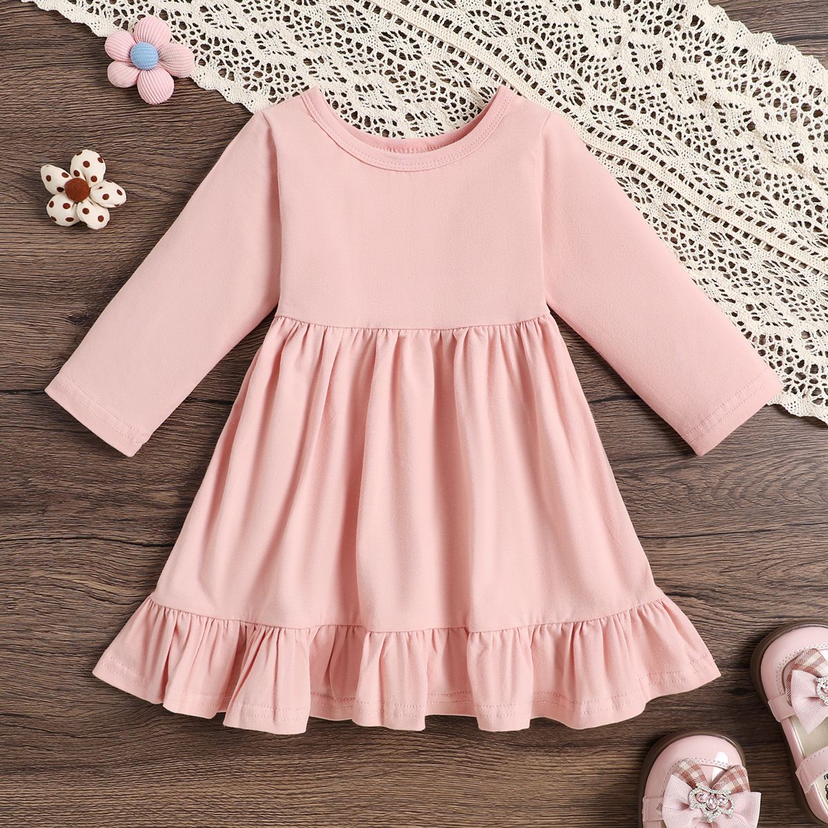 Girls' Long-Sleeve Ruffle Dresses - Soft Cotton Casual Dresses for Toddlers & Kids - Fall/Winter Wear