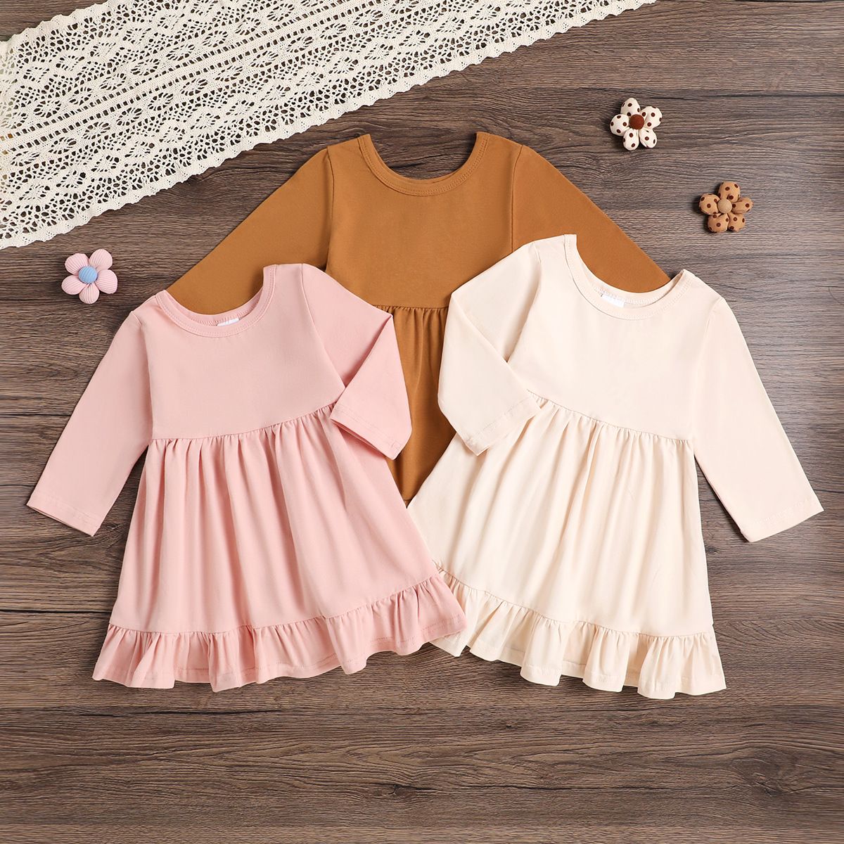 Girls' Long-Sleeve Ruffle Dresses - Soft Cotton Casual Dresses for Toddlers & Kids - Fall/Winter Wear