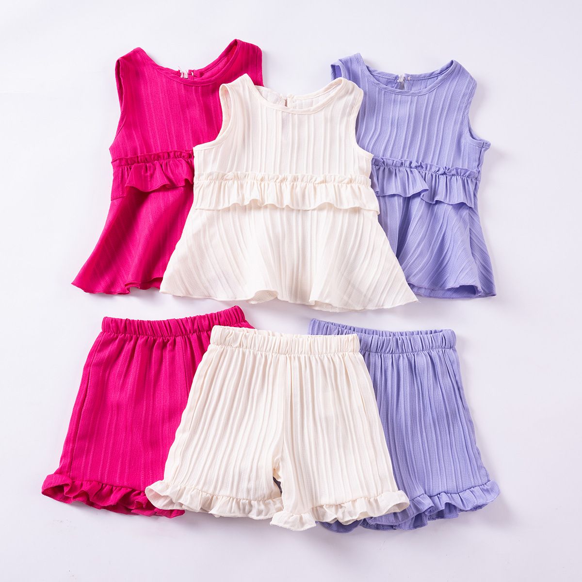 Girls' Summer Sleeveless Ruffle Top and Shorts Set - Kids cute and Casual Outfits in Pink, White, and Purple