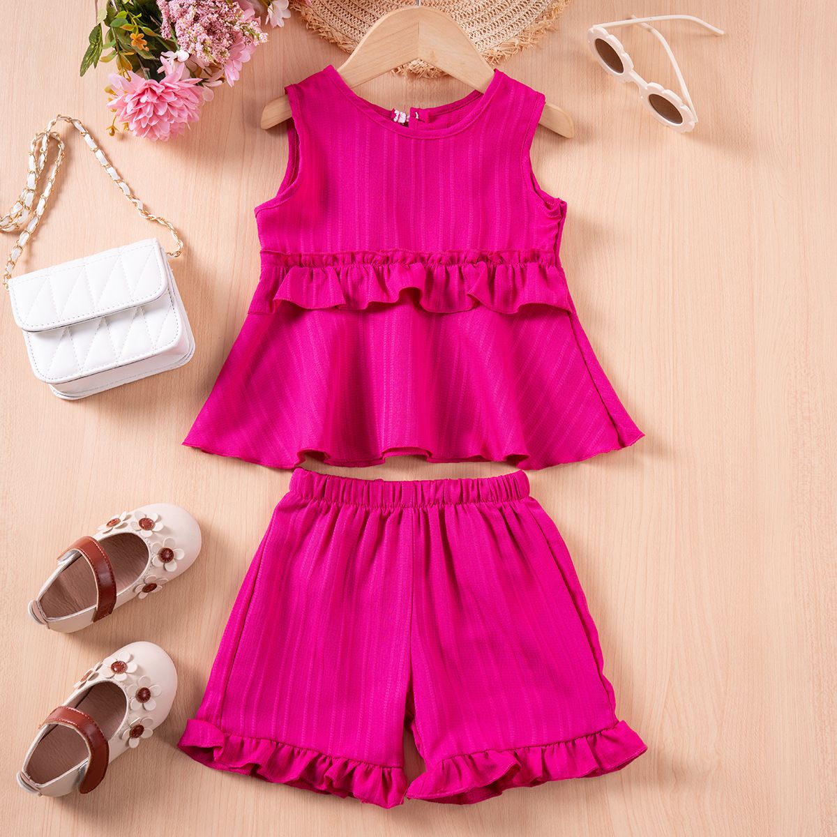 Girls' Summer Sleeveless Ruffle Top and Shorts Set - Kids cute and Casual Outfits in Pink, White, and Purple