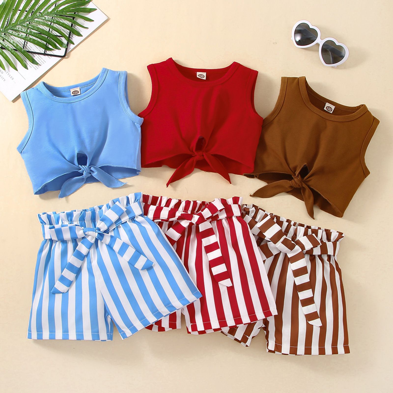 Girls' Summer Striped Shorts and Sleeveless Cropped Top Set - Comfortable and Cute Casual Two-Piece Kids Clothing for Summer