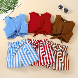 Girls' Summer Striped Shorts and Sleeveless Cropped Top Set - Comfortable and Cute Casual Two-Piece Kids Clothing for Summer