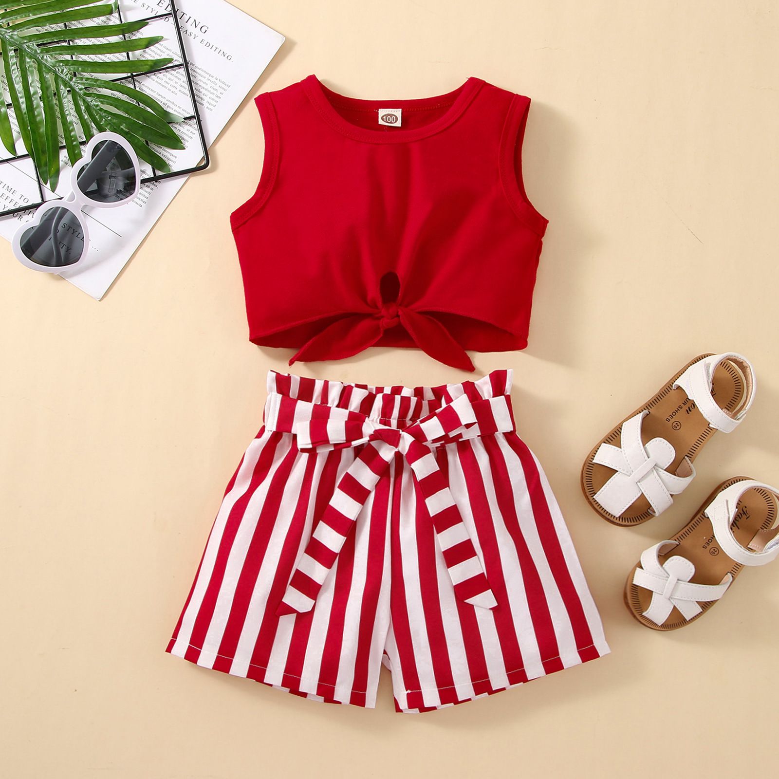 Girls' Summer Striped Shorts and Sleeveless Cropped Top Set - Comfortable and Cute Casual Two-Piece Kids Clothing for Summer