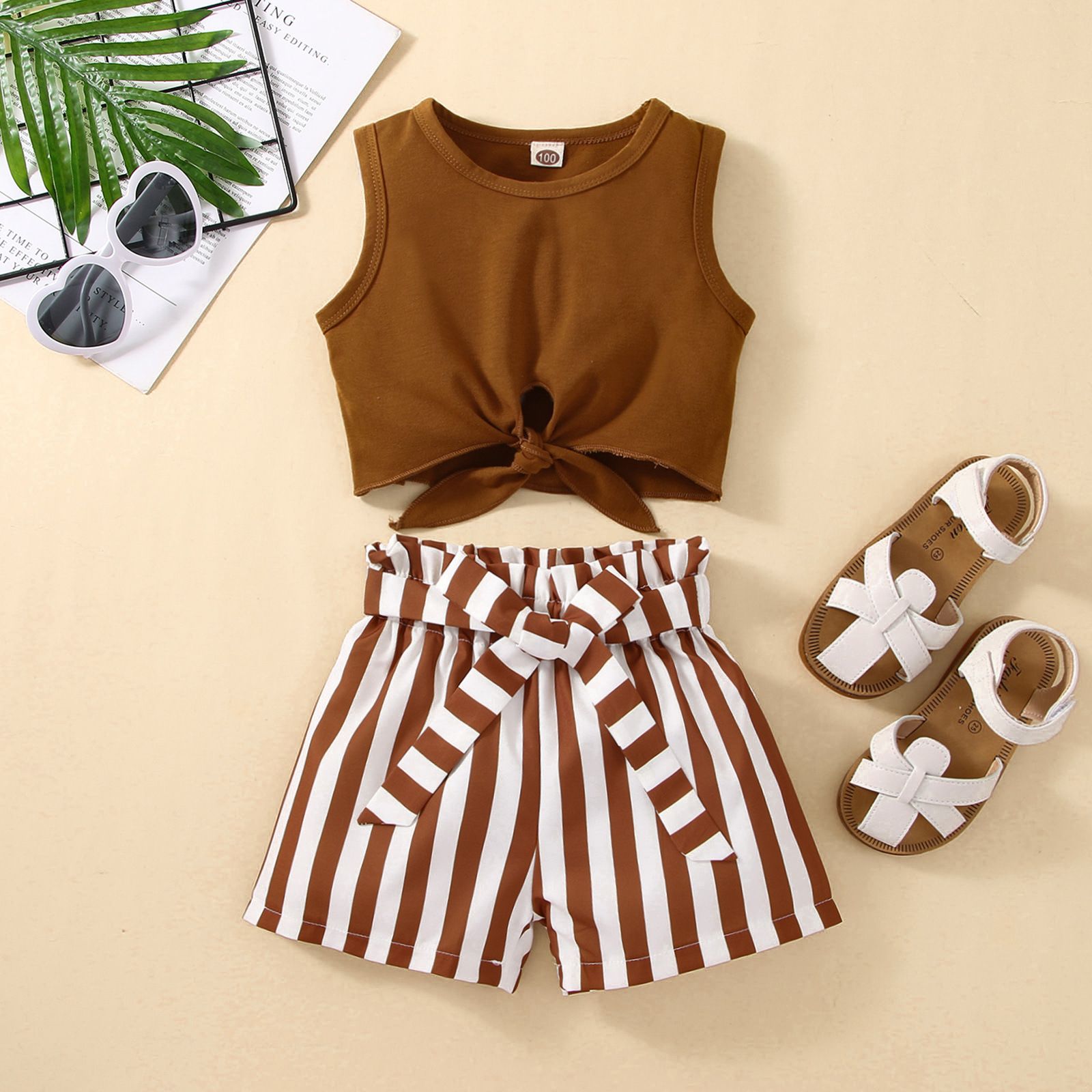 Girls' Summer Striped Shorts and Sleeveless Cropped Top Set - Comfortable and Cute Casual Two-Piece Kids Clothing for Summer