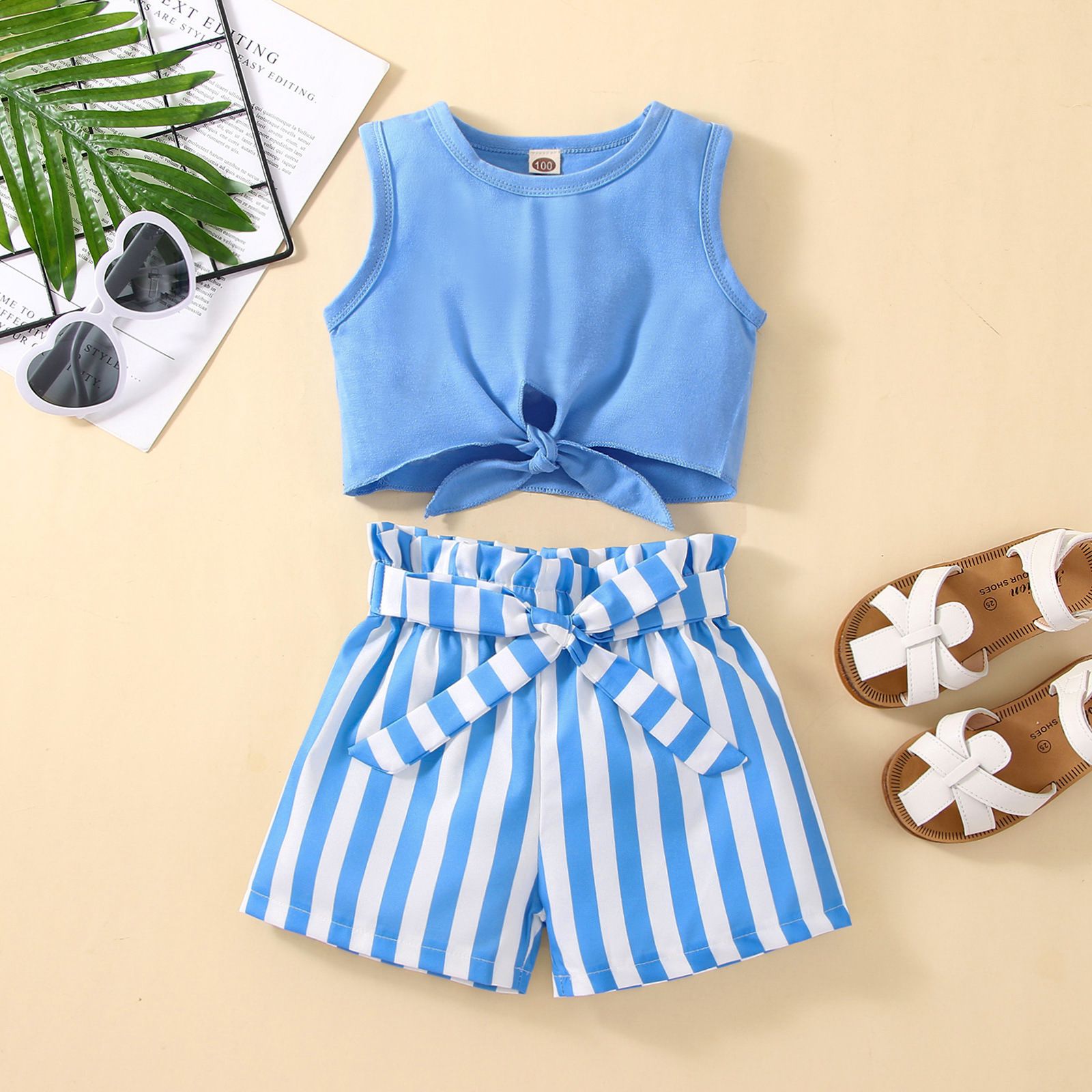 Girls' Summer Striped Shorts and Sleeveless Cropped Top Set - Comfortable and Cute Casual Two-Piece Kids Clothing for Summer