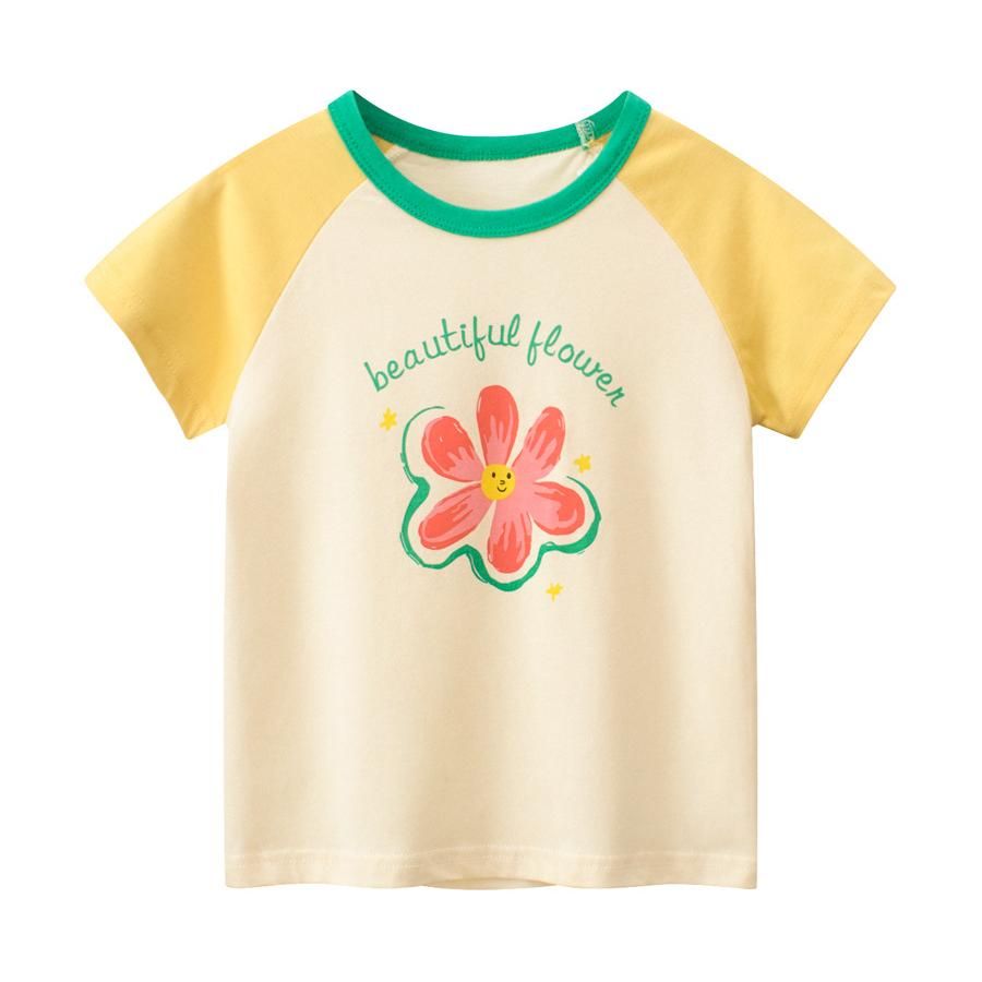 Girls' Cute Flower Print T-Shirt - Summer Short Sleeve Casual Tee for Toddlers and Kids, Yellow and Green Contrast