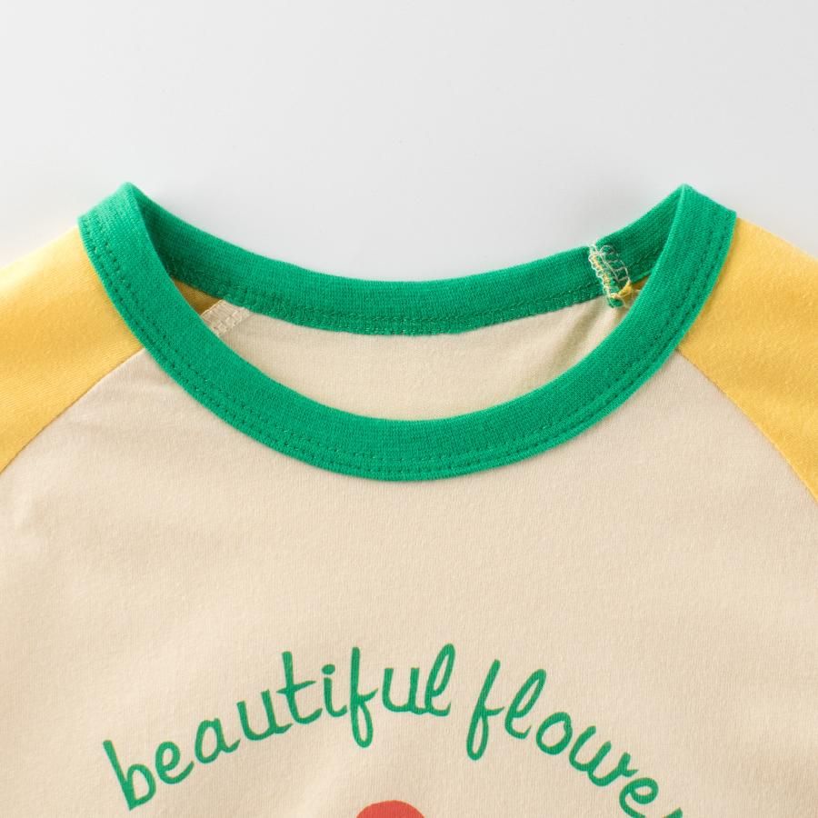 Girls' Cute Flower Print T-Shirt - Summer Short Sleeve Casual Tee for Toddlers and Kids, Yellow and Green Contrast