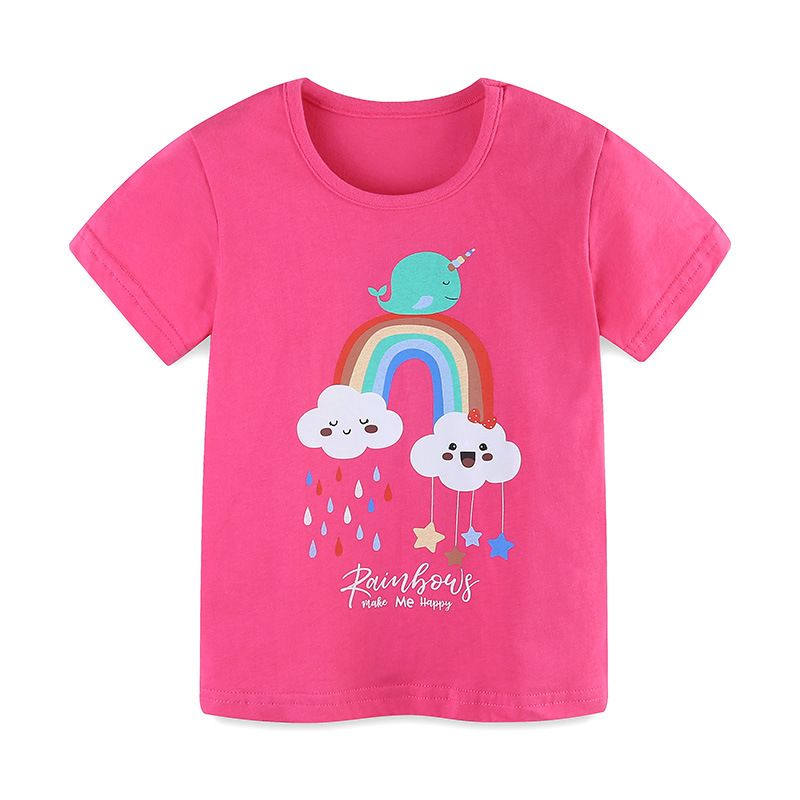 Girls' Cute Narwhal and Rainbow Print T-Shirt - Summer Short Sleeve Pink Graphic Tee for Toddlers and Kids