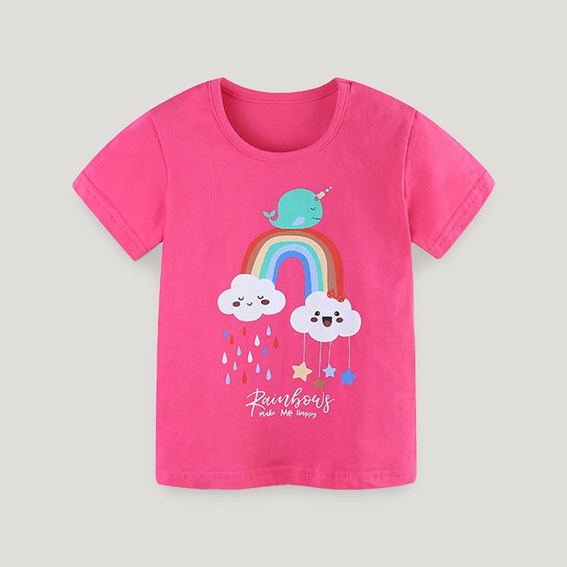 Girls' Cute Narwhal and Rainbow Print T-Shirt - Summer Short Sleeve Pink Graphic Tee for Toddlers and Kids