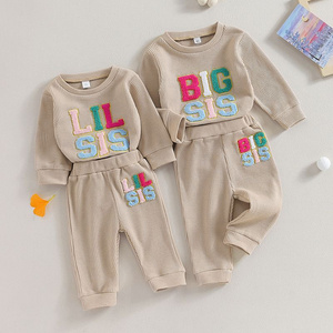 Infant Girls' New Fall/Winter Waffle Knit Matching Long Sleeve Set - Cozy Autumn/Winter Embroidered Letter Two-Piece Outfit