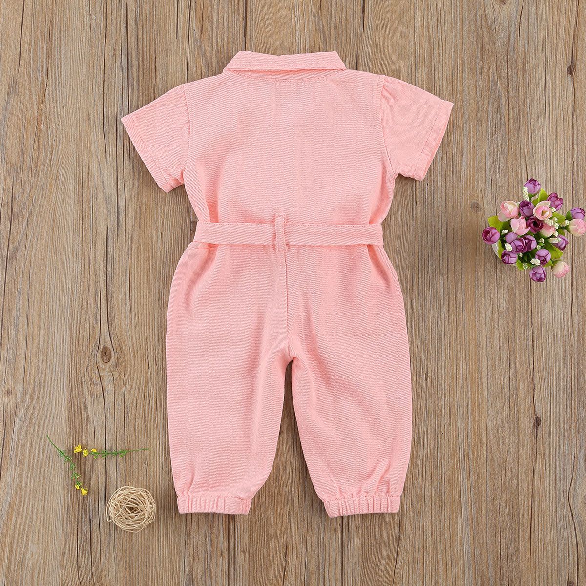 Toddler Girls' Short Sleeve Cotton Jumpsuit with Belt - Stylish Spring/Summer Button-Up Romper in Multiple Colors