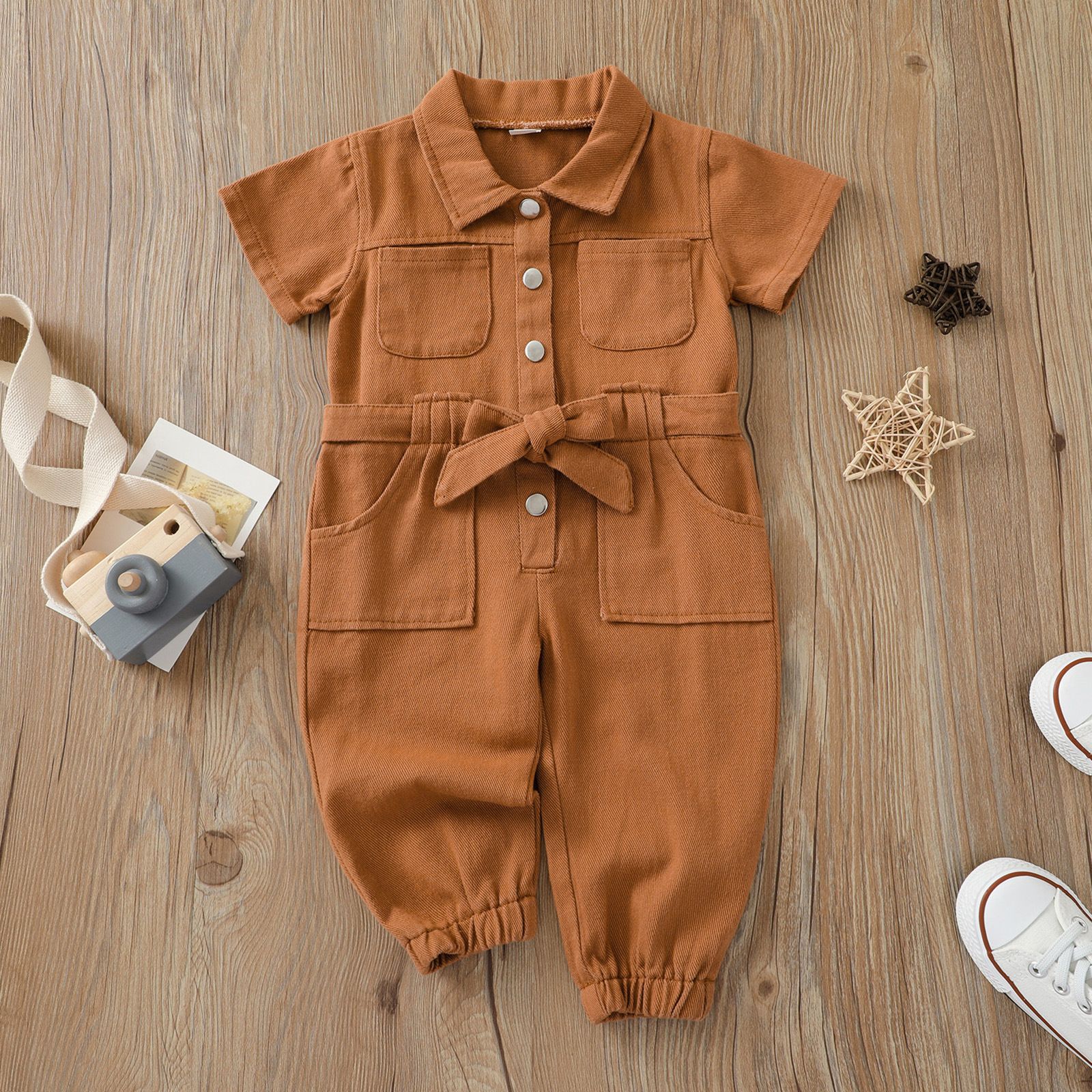 Toddler Girls' Short Sleeve Cotton Jumpsuit with Belt - Stylish Spring/Summer Button-Up Romper in Multiple Colors