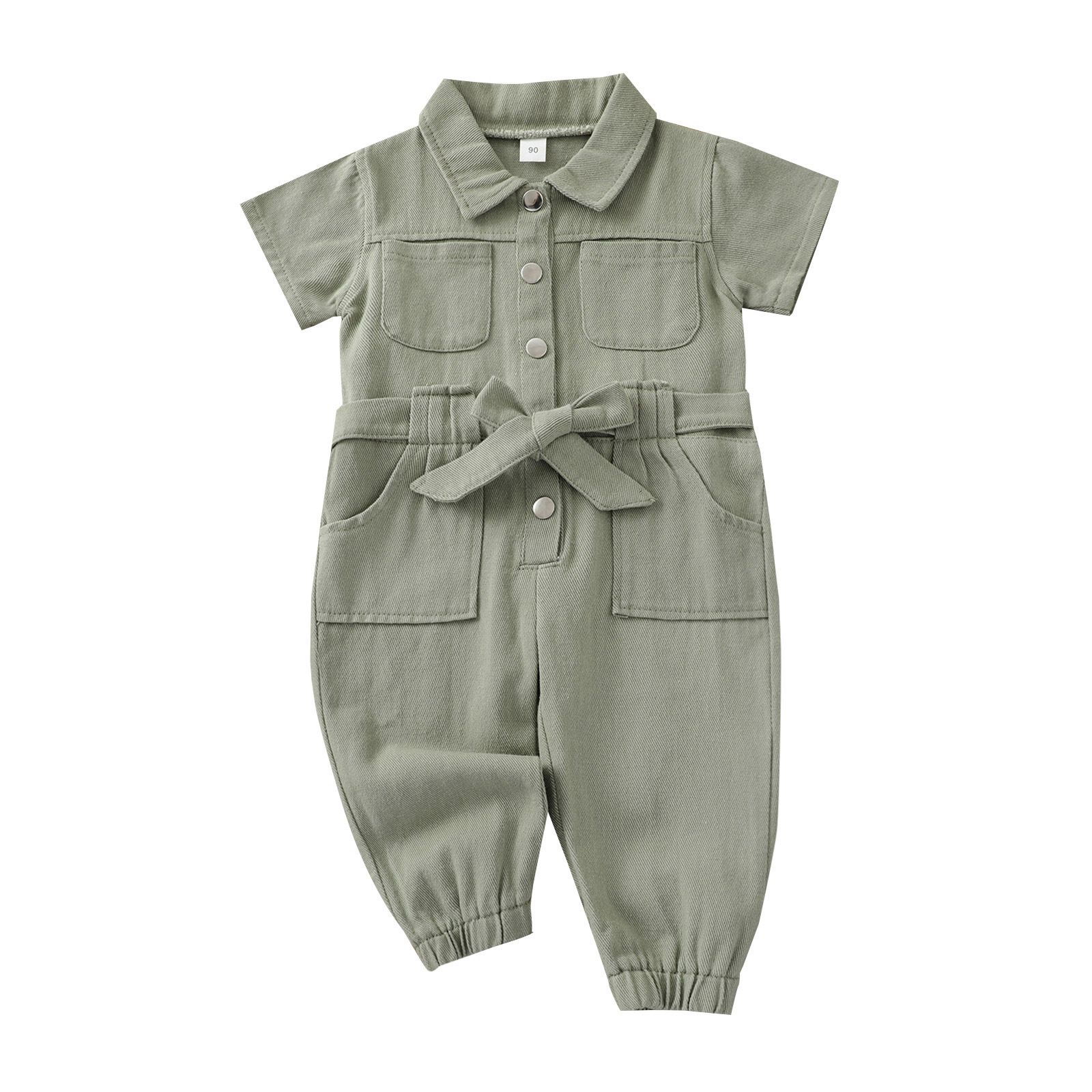 Toddler Girls' Short Sleeve Cotton Jumpsuit with Belt - Stylish Spring/Summer Button-Up Romper in Multiple Colors