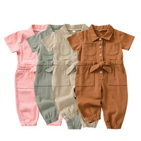 Toddler Girls' Short Sleeve Cotton Jumpsuit with Belt - Stylish Spring/Summer Button-Up Romper in Multiple Colors