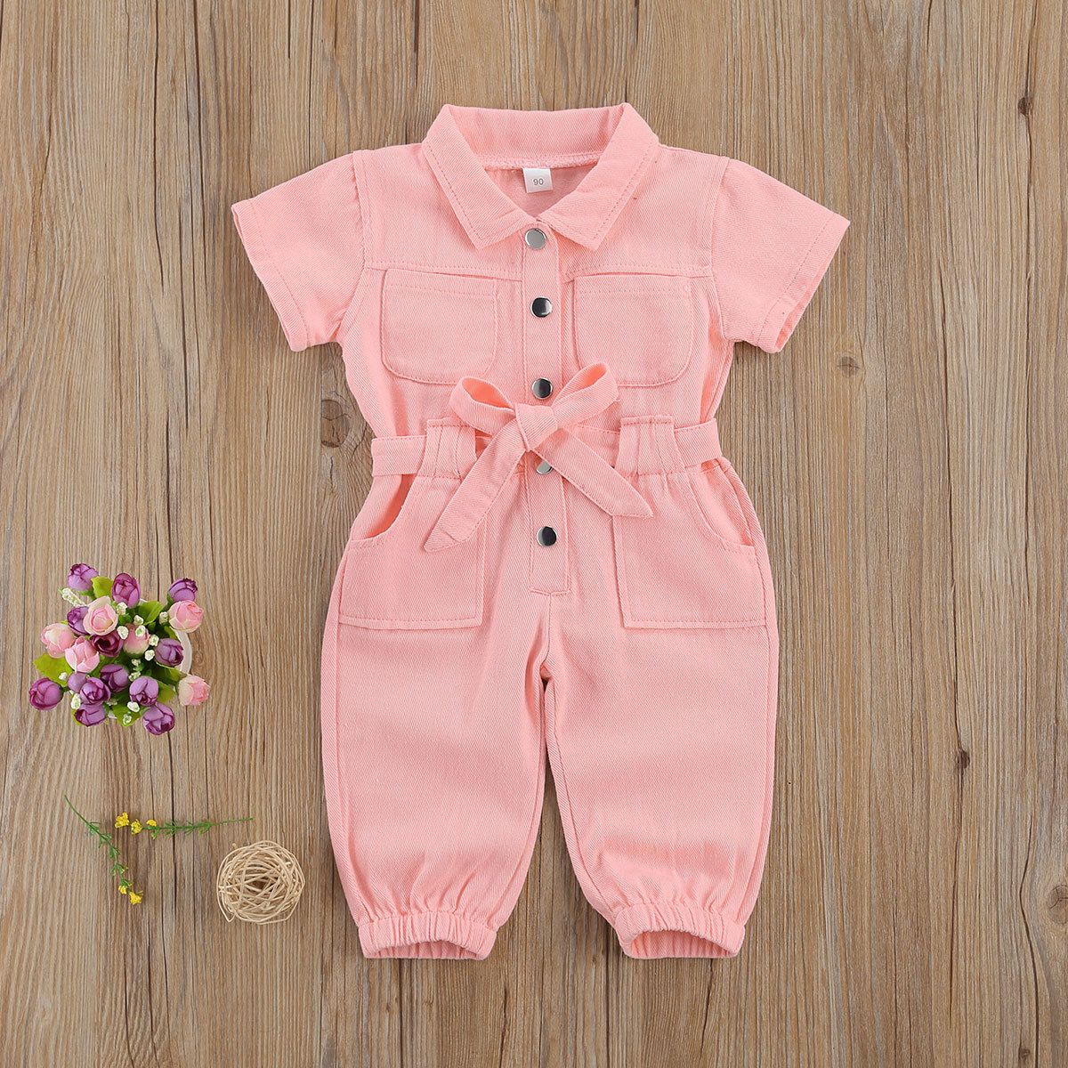 Toddler Girls' Short Sleeve Cotton Jumpsuit with Belt - Stylish Spring/Summer Button-Up Romper in Multiple Colors