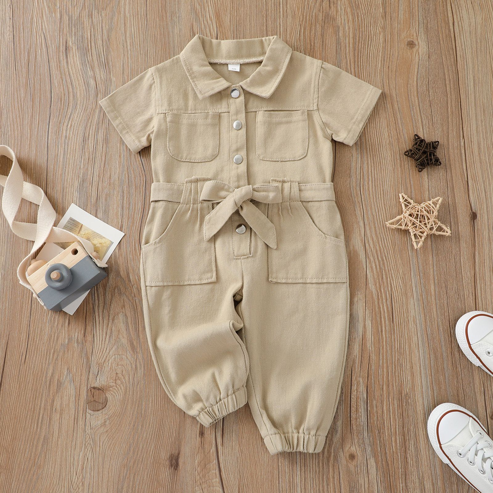 Toddler Girls' Short Sleeve Cotton Jumpsuit with Belt - Stylish Spring/Summer Button-Up Romper in Multiple Colors