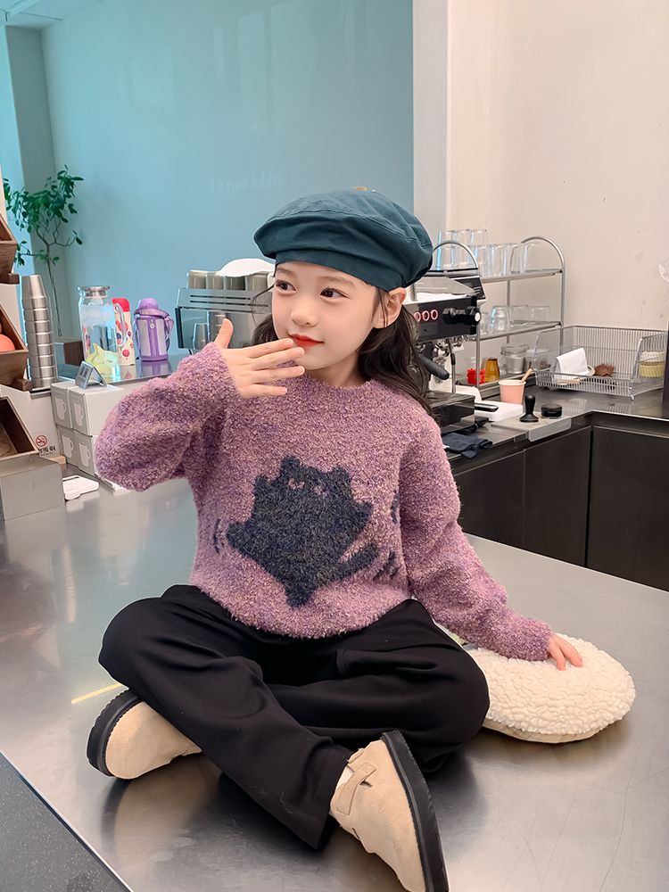 Kitten Jacquard Pullover Girls Sweaters Jacquard Cartoon Design Knit Sweater Autumn Roll Neck Sweater Kids