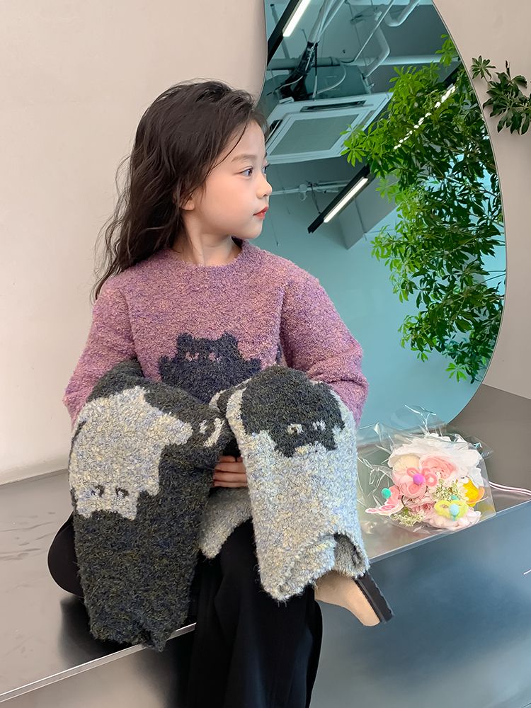 Kitten Jacquard Pullover Girls Sweaters Jacquard Cartoon Design Knit Sweater Autumn Roll Neck Sweater Kids