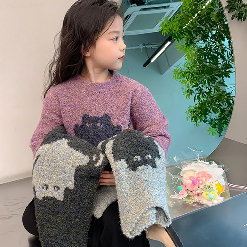 Kitten Jacquard Pullover Girls Sweaters Jacquard Cartoon Design Knit Sweater Autumn Roll Neck Sweater Kids