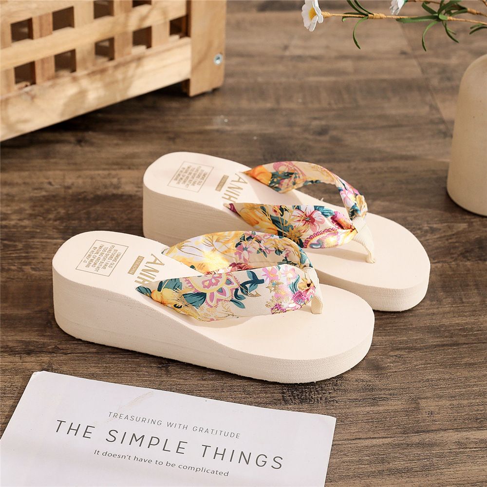 Summer ethnic style herringbone slippers women's casual lame heels beach sandals Bohemian satin ribbon flip flops