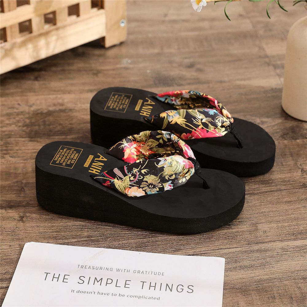 Summer ethnic style herringbone slippers women's casual lame heels beach sandals Bohemian satin ribbon flip flops