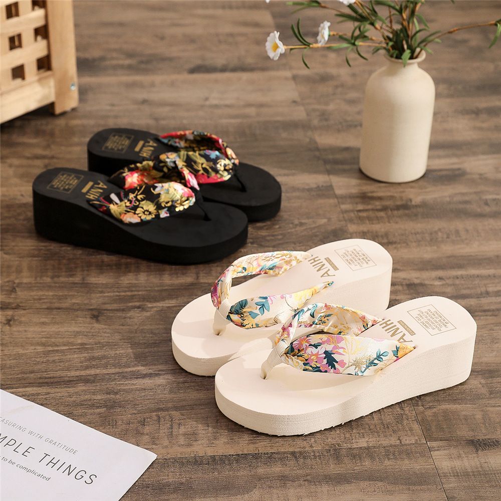 Summer ethnic style herringbone slippers women's casual lame heels beach sandals Bohemian satin ribbon flip flops