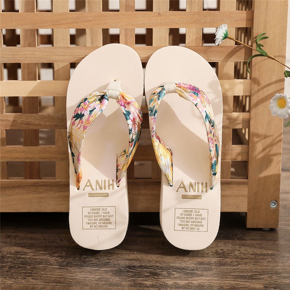 Summer ethnic style herringbone slippers women's casual lame heels beach sandals Bohemian satin ribbon flip flops