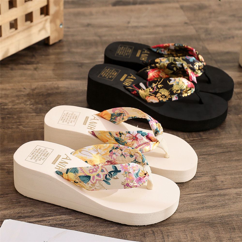 Summer ethnic style herringbone slippers women's casual lame heels beach sandals Bohemian satin ribbon flip flops