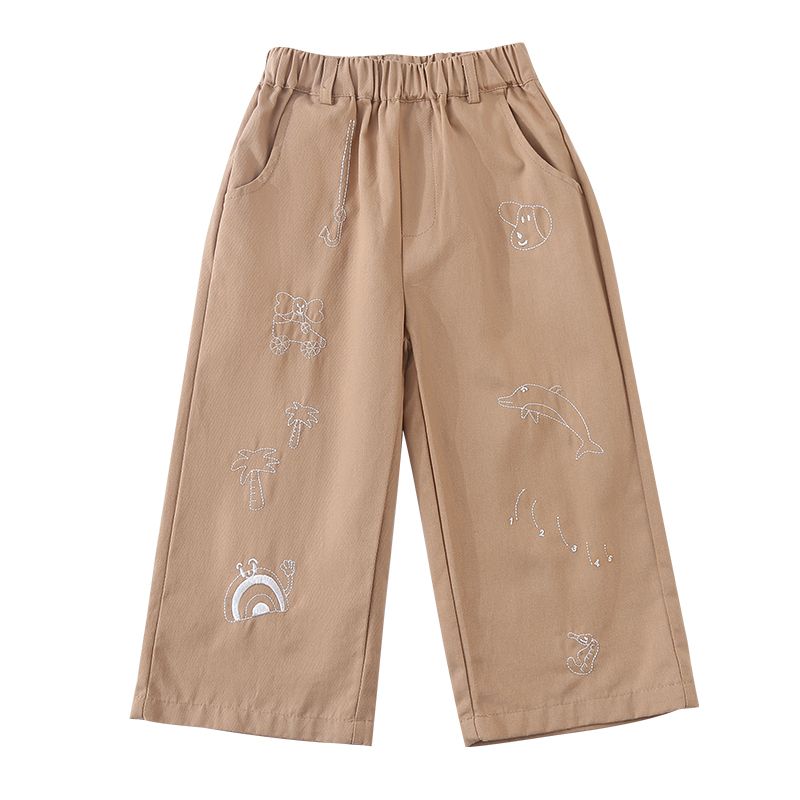 Children's casual pants for boys in spring and autumn, embroidered loose straight leg pants for girls in spring and autumn