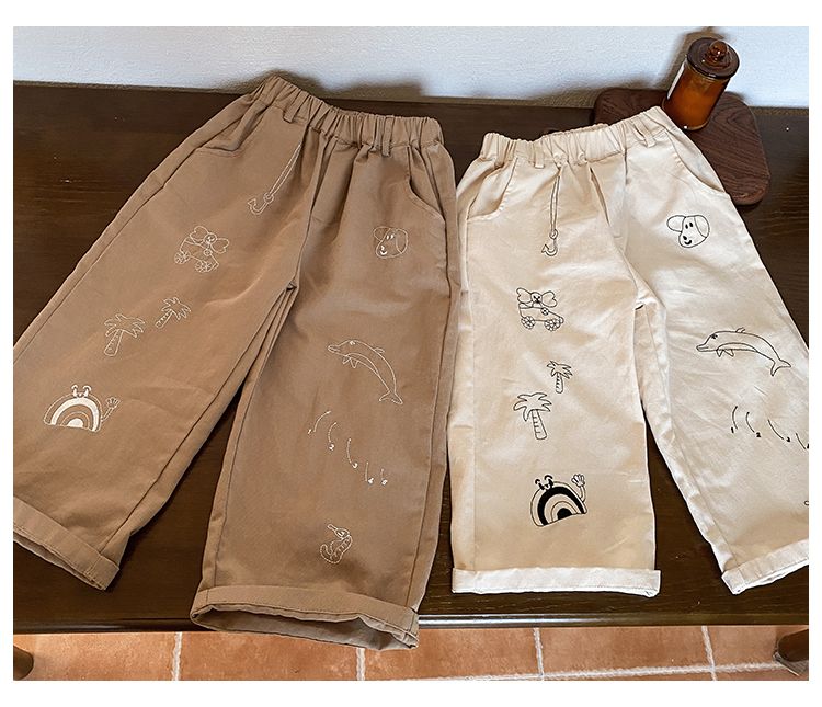 Children's casual pants for boys in spring and autumn, embroidered loose straight leg pants for girls in spring and autumn