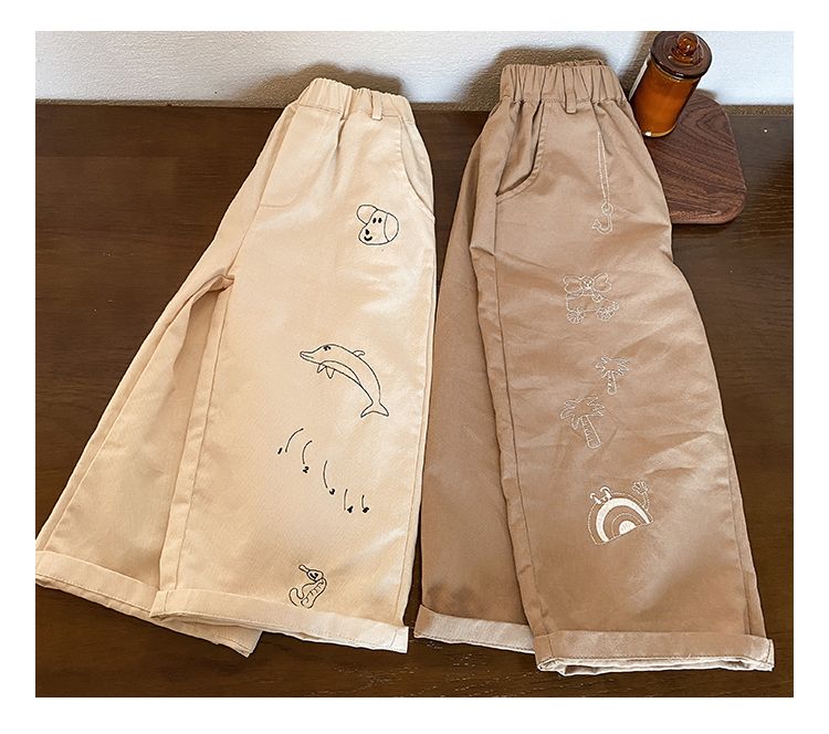 Children's casual pants for boys in spring and autumn, embroidered loose straight leg pants for girls in spring and autumn