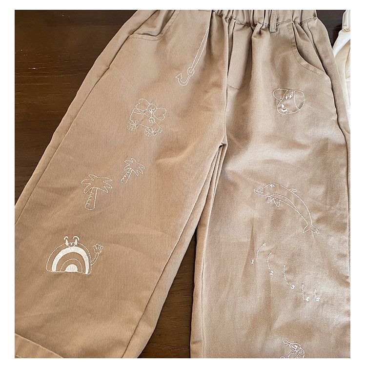 Children's casual pants for boys in spring and autumn, embroidered loose straight leg pants for girls in spring and autumn