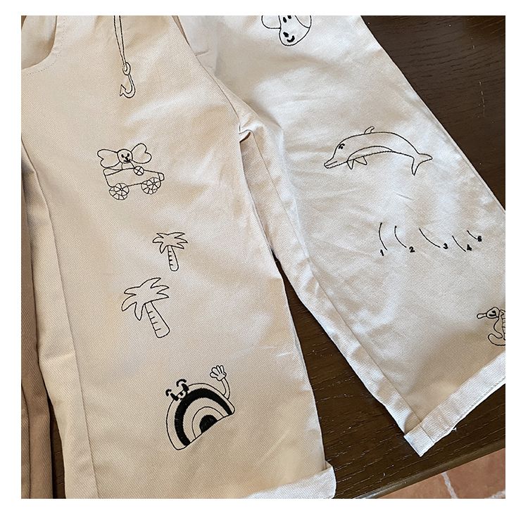 Children's casual pants for boys in spring and autumn, embroidered loose straight leg pants for girls in spring and autumn