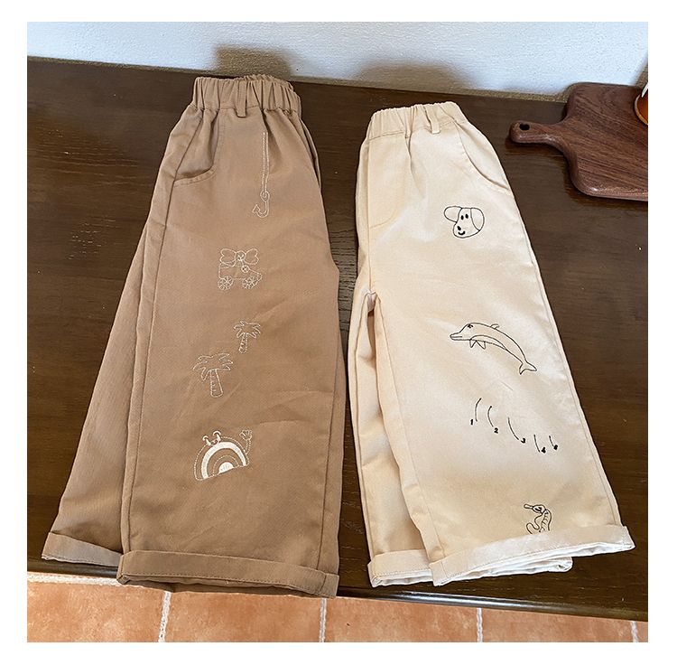 Children's casual pants for boys in spring and autumn, embroidered loose straight leg pants for girls in spring and autumn