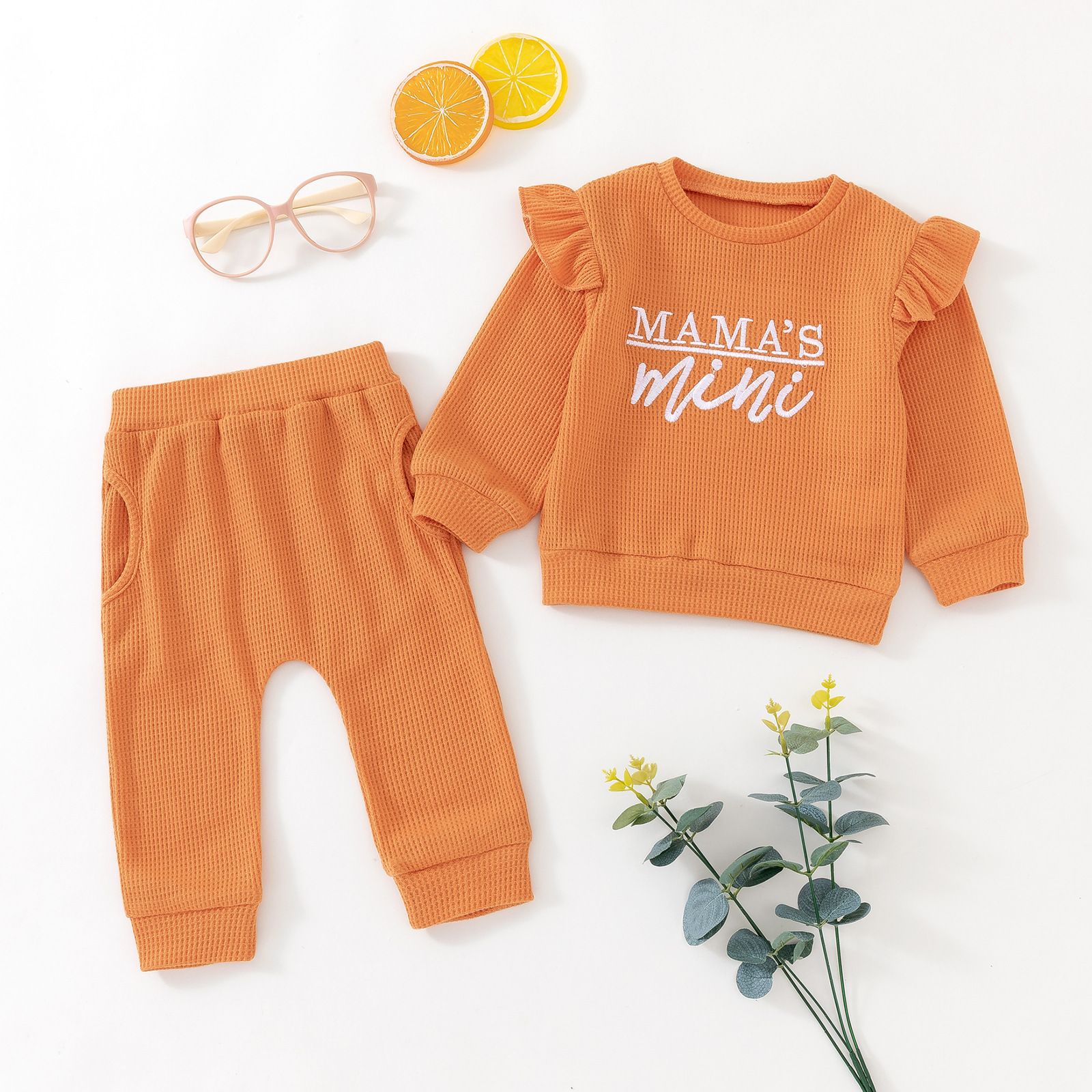 Girls' Fall Waffle Knit 'Mama's Mini' Outfit Set - Long-Sleeve Ruffle Sweatshirt and Matching Pants, Cozy and Stylish for Autumn