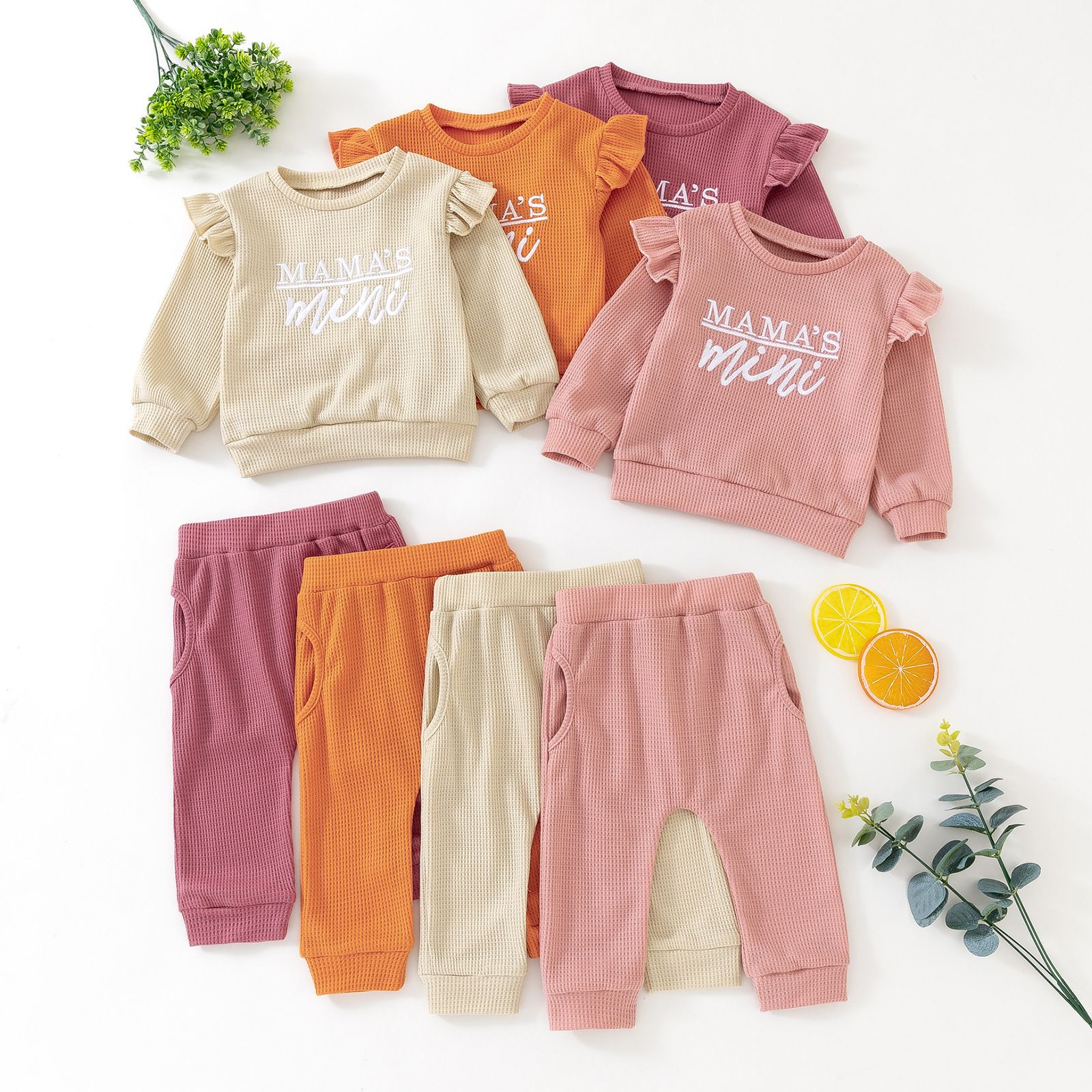 Girls' Fall Waffle Knit 'Mama's Mini' Outfit Set - Long-Sleeve Ruffle Sweatshirt and Matching Pants, Cozy and Stylish for Autumn