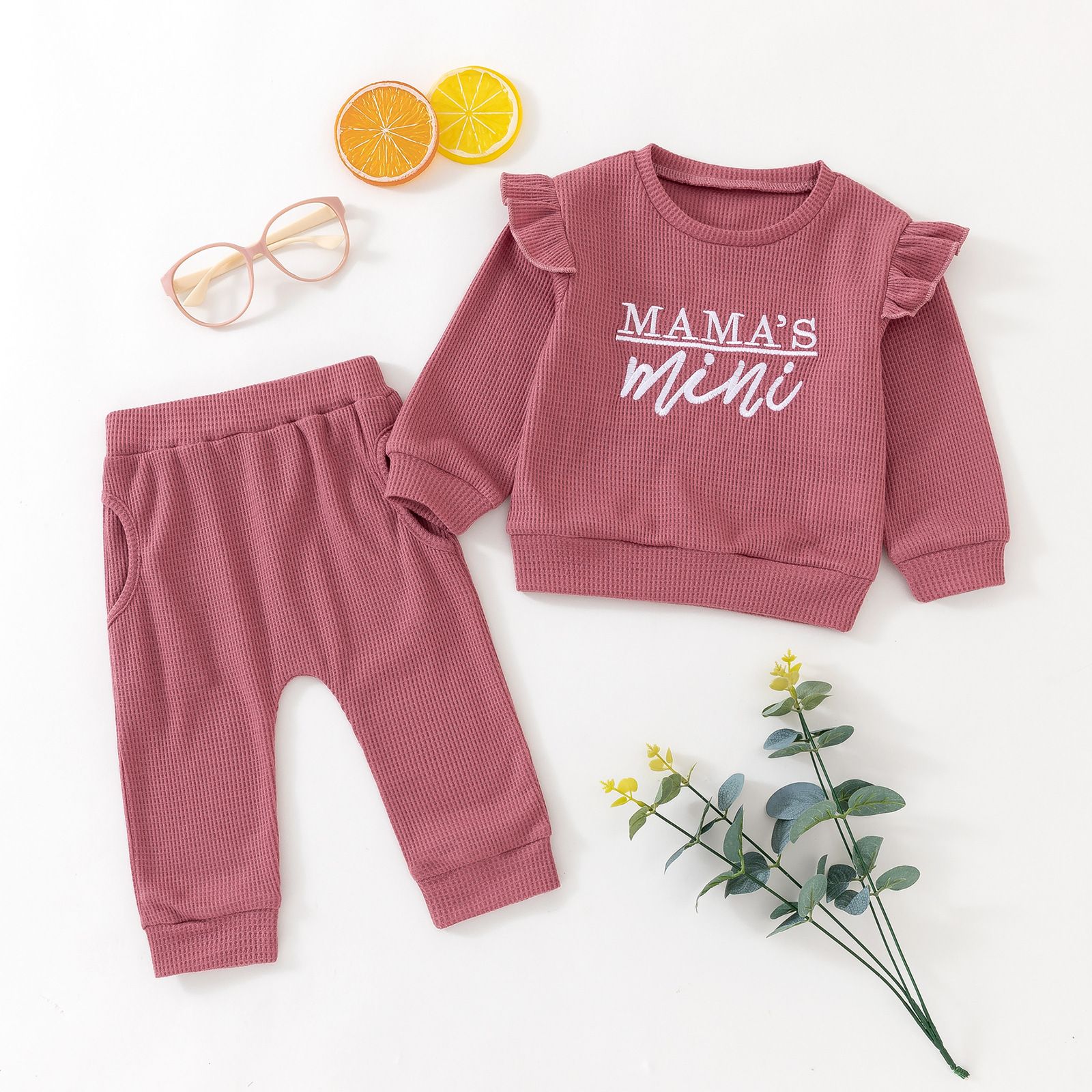 Girls' Fall Waffle Knit 'Mama's Mini' Outfit Set - Long-Sleeve Ruffle Sweatshirt and Matching Pants, Cozy and Stylish for Autumn