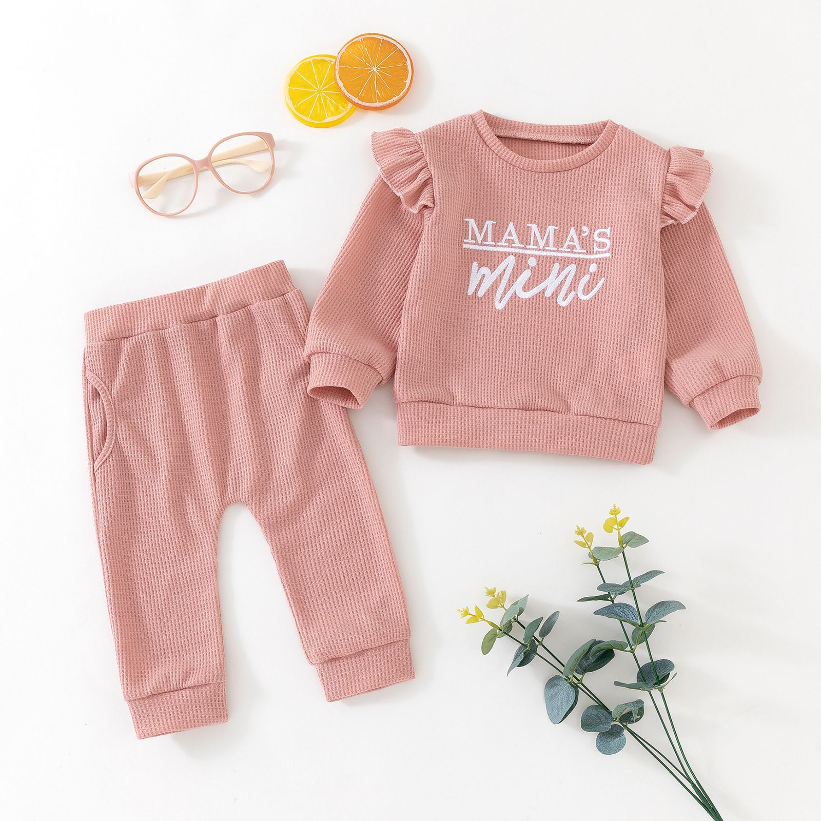 Girls' Fall Waffle Knit 'Mama's Mini' Outfit Set - Long-Sleeve Ruffle Sweatshirt and Matching Pants, Cozy and Stylish for Autumn