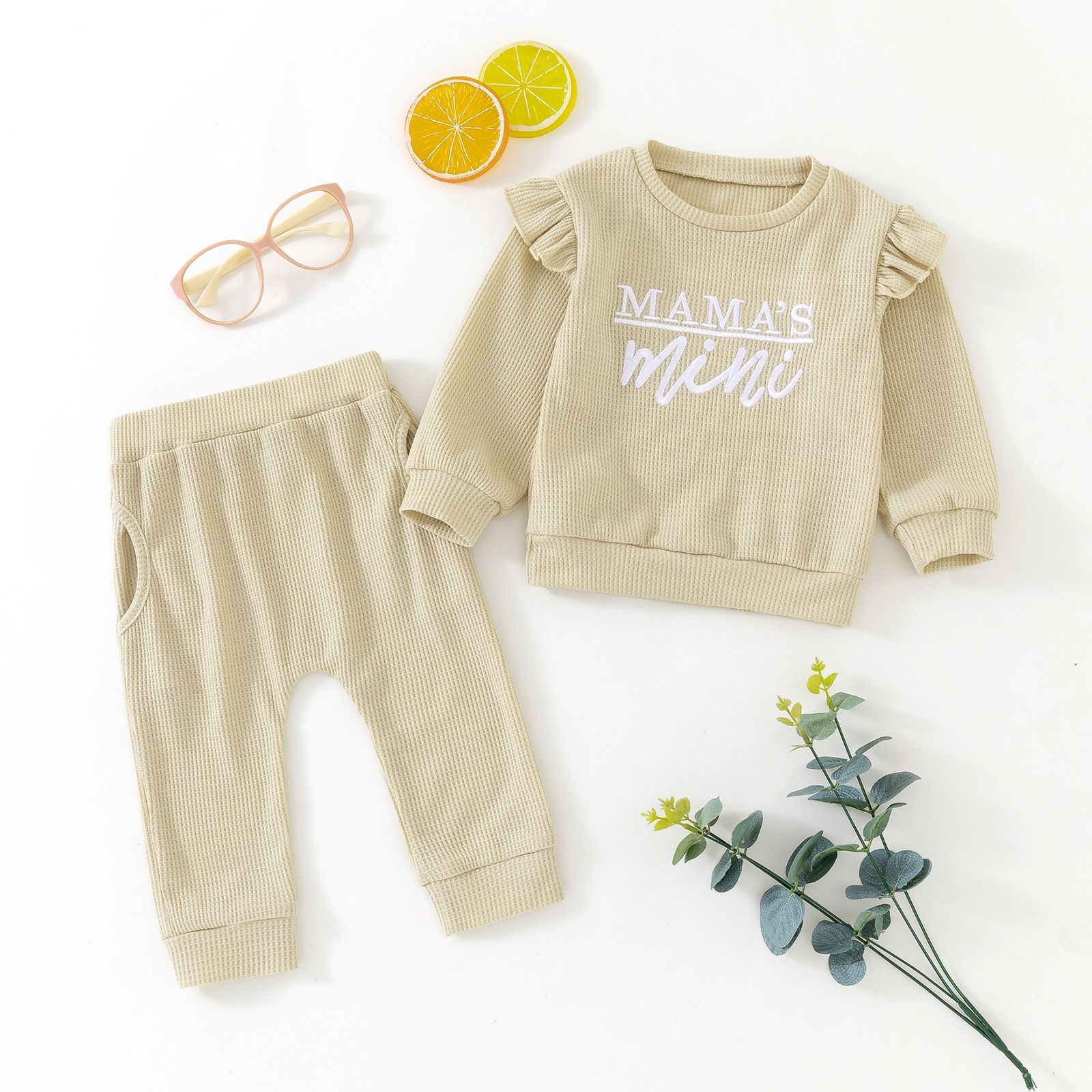 Girls' Fall Waffle Knit 'Mama's Mini' Outfit Set - Long-Sleeve Ruffle Sweatshirt and Matching Pants, Cozy and Stylish for Autumn