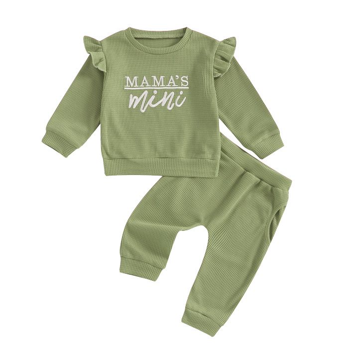 Girls' Fall Waffle Knit 'Mama's Mini' Outfit Set - Long-Sleeve Ruffle Sweatshirt and Matching Pants, Cozy and Stylish for Autumn