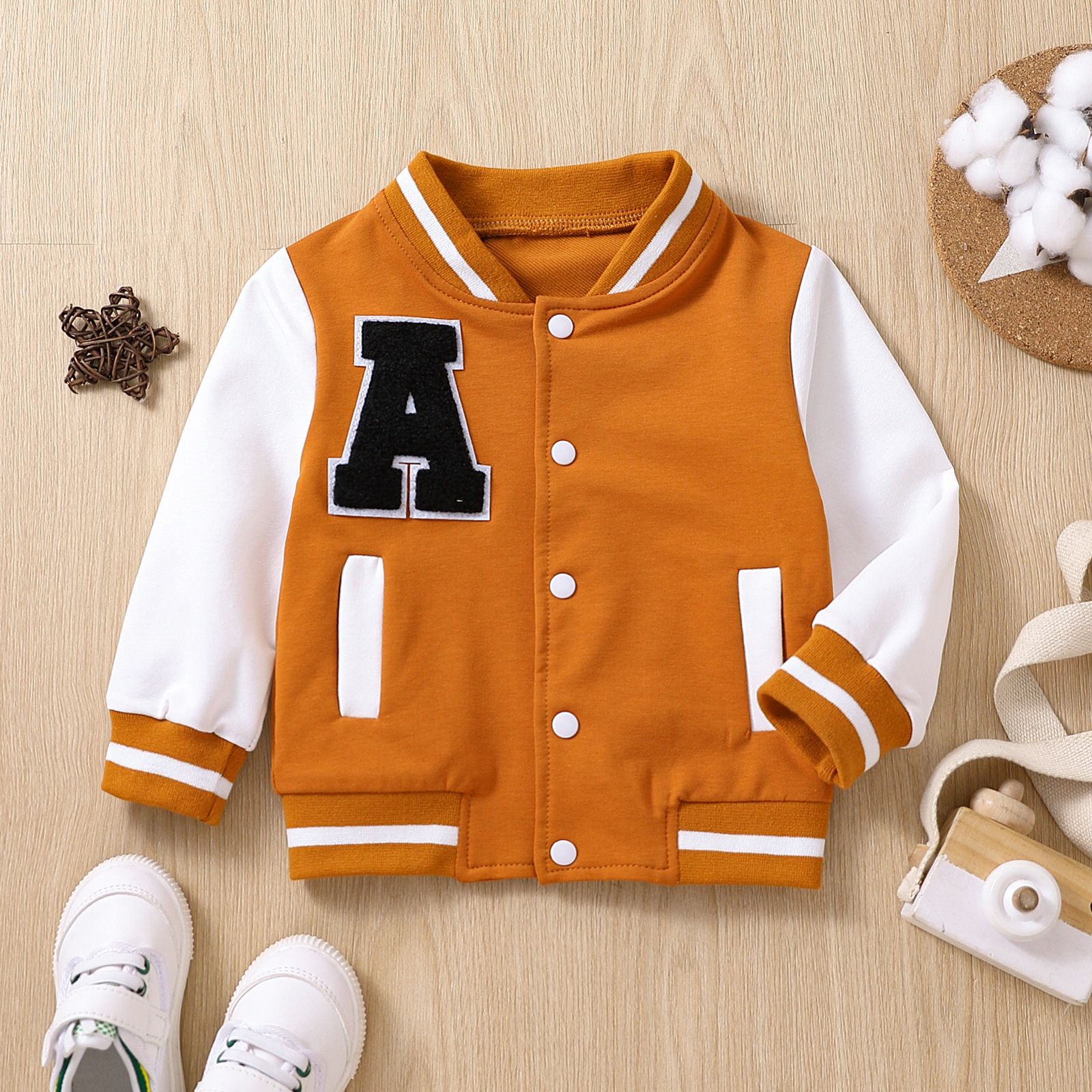 Kids' Fall Varsity Jacket - Stylish Letterman Baseball Jacket with Snap Buttons and Striped Cuffs, Perfect for Boys and Girls