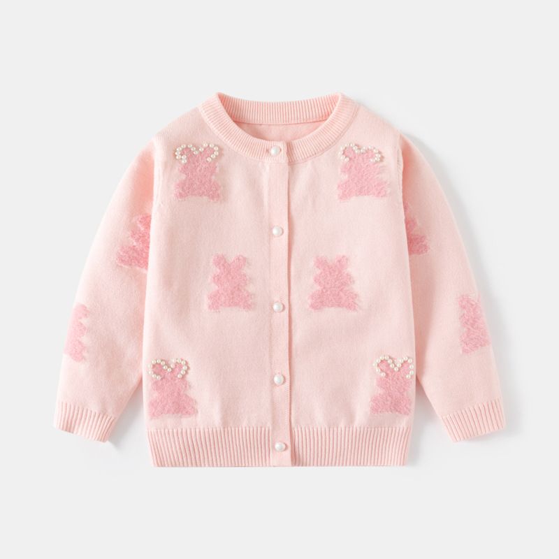 Girls' Adorable Pink Bunny Knit Cardigan with Pearl Accents Cozy and Stylish Sweater for Fall/Winter